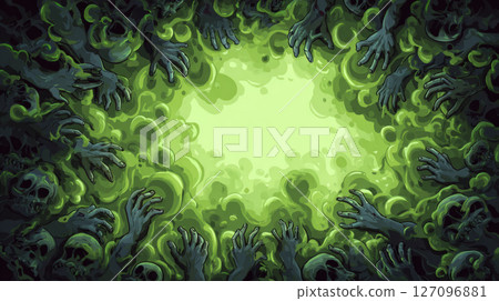 top view of green slime-covered table with zombie hands reaching inward, clear circular space for Halloween top view of green slime-covered table with zombie hands reaching inward, clear circular space for Halloween 127096881