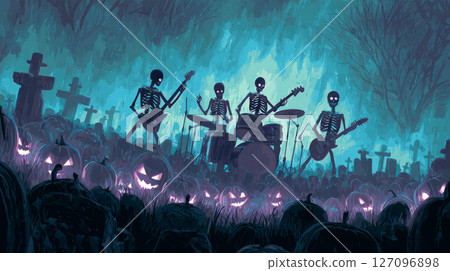 skeleton rock band performing in a graveyard with glowing pumpkins 127096898