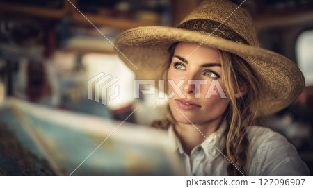 young woman in straw hat organizing client travel plans from camper van 127096907