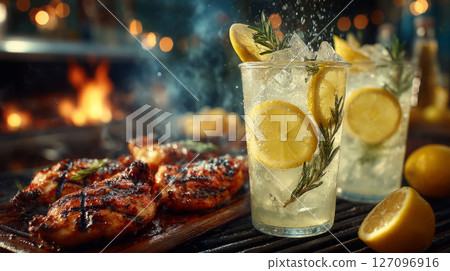 Fresh lemonade served alongside sizzling BBQ chicken 127096916
