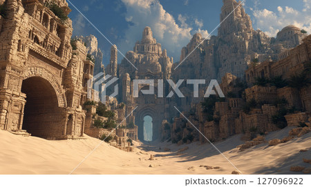 Fantasy desert city in ruins, half-buried in sand after a devastating elemental war Fantasy desert city in ruins, half-buried in sand after a devastating elemental war 127096922