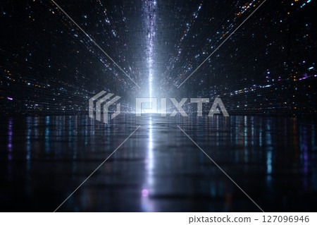 Glitchy futuristic tunnel made of data particles and neon light trails 127096946