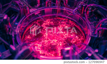 Glowing red-pink tissue forming in a robotic bioreactor, surrounded by sensors and tubes 127096947