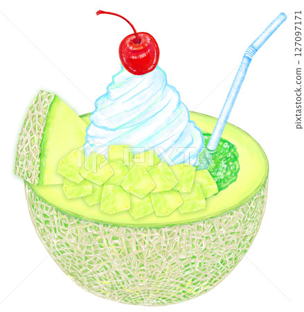 新鮮甜瓜奶油蘇打水佐甜瓜片 127097171