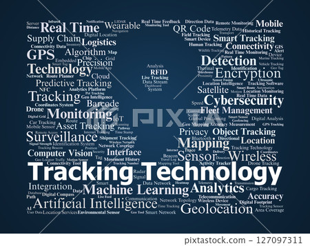 Tracking Technology Word Cloud. Concepts In GPS, AI, Monitoring, Data And IoT Tracking Technology Word Cloud. Concepts In GPS, AI, Monitoring, Data And IoT 127097311