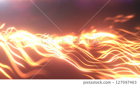 Abstract glowing orange light waves flowing across a dark background, resembling energy or data streams Abstract glowing orange light waves flowing across a dark background, resembling energy or data streams 127097463