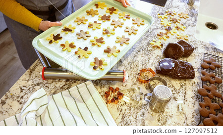 Freshly cut-out gingerbread cookies rest on a baking sheet, lined with parchment paper, awaiting a cool and refreshing chill in the fridge before their delicious transformation in the oven. 127097512
