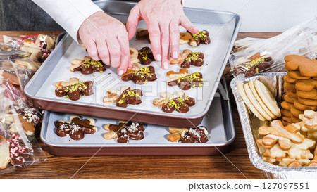 Carefully packaging Christmas cutout cookies, half-dipped in chocolate and presented in clear cellophane wrapping, perfect for festive gifting. 127097551