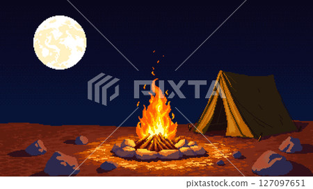 Pixel art illustration of a tent and campfire glowing surrounded by rocks under a full moon in a wide open desert at night. 127097651