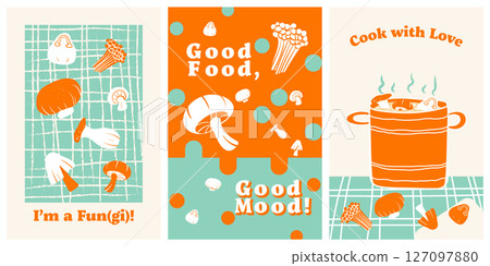Set of 3 poster designs in healthy food concept, Veggie Time! Series. Cute hand drawn mushrooms illustration in minimal style, Orange, green and beige colors. Set of 3 poster designs in healthy food concept, Veggie Time! Series. Cute hand drawn mushrooms illustration in minimal style, Orange, green and beige colors. 127097880
