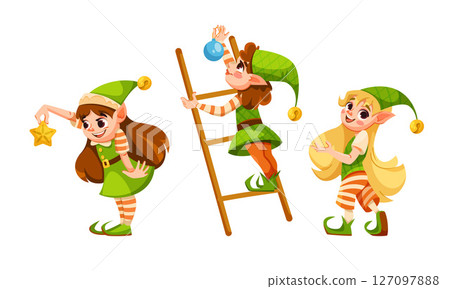 Charming and Adorable Cartoon Elves Busily Preparing for the Joyful Holiday Season Ahead 127097888