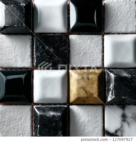 Calacatta, Nero Marquina and gold mosaic tiles with textured and glossy finish in square pattern 127097927