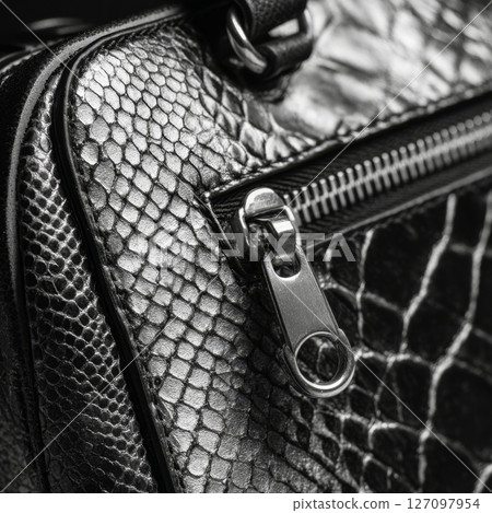 Your It Bag with bold zipper accent and reptile embossed glossy black surface for confident style 127097954