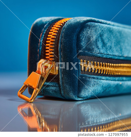 Your It Bag with double gold zipper on soft blue velvet finish and vivid contrast details 127097955