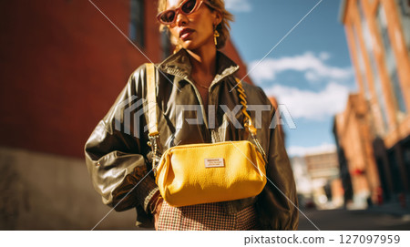 Your It Bag in yellow leather worn crossbody by fashion-forward woman in sunglasses and green jacket 127097959