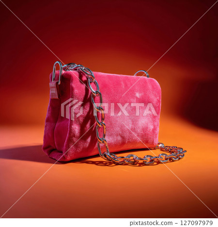 Your It Bag pink velvet handbag with thick silver chain and orange shadows 127097979