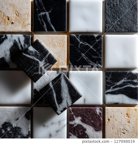 Checkerboard layout of square marble tiles with white, black and beige accents 127098019