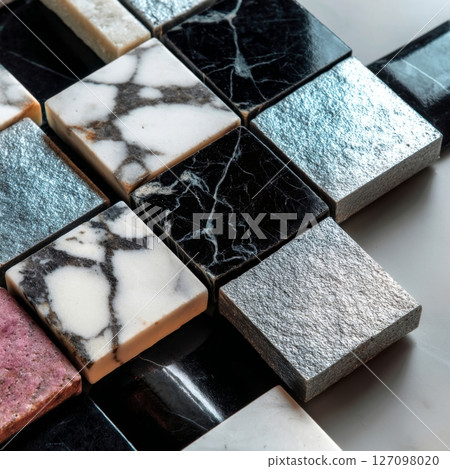 Textured ceramic tiles with black, white and grey marble styles in geometric grid layout 127098020