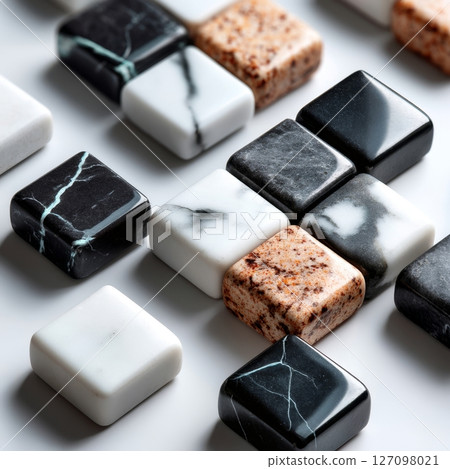 Rounded black and white marble cubes in alternating pattern with granite accents 127098021