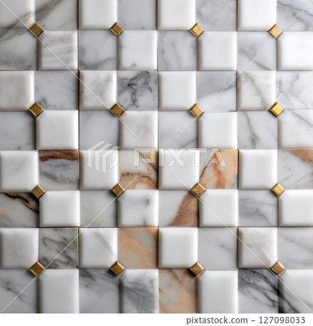 Elegant white marble mosaic with golden accents and natural veining 127098033