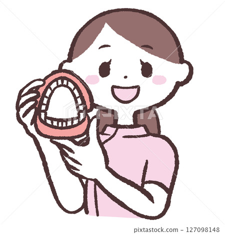 一位女士用牙齒模型解釋的插圖 一位女士用牙齒模型解釋的插圖 127098148