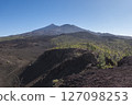 Winter view on volcano Pico del Teide with snow spots from hiking trail Samara. Mountains and lava fields with pine tree forest, blue sky. El Teide National Park, Tenerife, Canary Islands, Spain 127098253