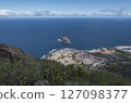 Aerial view of old town Garachico from Mirador de Garachico view point. Colorful houses and harbor. Ocean shore with lava rock pools. Popular tourist destination, Tenerife Canary Islands. 127098377