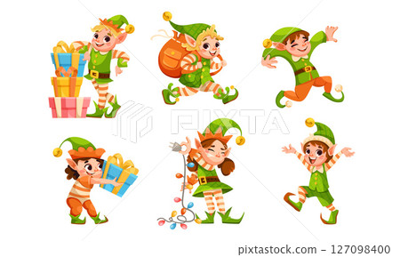 Cheerful elves with colorful gifts and joyful expressions radiate warmth during the holidays Cheerful elves with colorful gifts and joyful expressions radiate warmth during the holidays 127098400