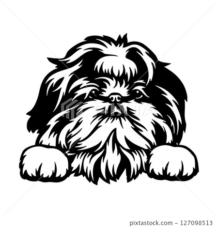 Shih Tzu Dog - Peeking Dog Breed - Pet Dog Vector Portrait, Dog Silhouette Stencil 127098513