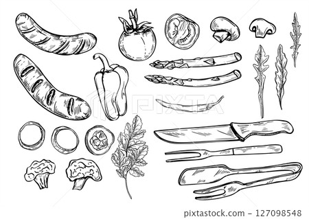 Barbecue dinner set with grilled sausages, fresh vegetables, and utensils vector illustration. Monochrome bratwurst or chorizo griller clip art for family BBQ holiday posters, menus, outdoor cooking. Barbecue dinner set with grilled sausages, fresh vegetables, and utensils vector illustration. Monochrome bratwurst or chorizo griller clip art for family BBQ holiday posters, menus, outdoor cooking. 127098548