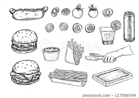 Black and white vector fast food clip art. Hotdog, burger, fries, sauces, vegetables, drink, wooden board. and hand holding tongs graphic line art sketch. American street food for summer event design 127098549
