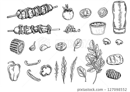 Monochrome vector BBQ set with skewers, grilled veggies, sauces, and spices black ink sketch. Etching drawing of grilled kebab clip art for family picnic, street food market, and cooking blog. Monochrome vector BBQ set with skewers, grilled veggies, sauces, and spices black ink sketch. Etching drawing of grilled kebab clip art for family picnic, street food market, and cooking blog. 127098552