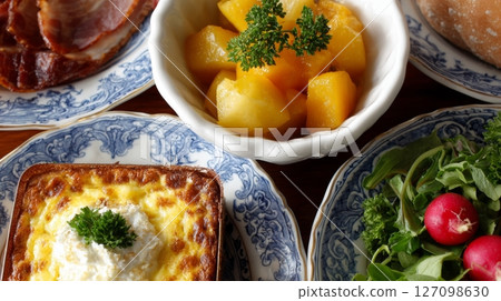 Brightly colored dishes hold delicious brunch items, showcasing a stylish blend of vintage and modern decor 127098630