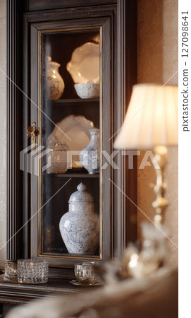 A vintage cabinet showcases beautiful porcelain under soft lighting in a cozy room 127098641