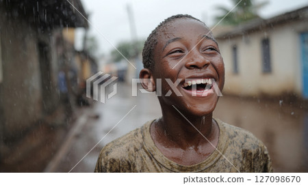 Young boy with joyful expression, laughing in the rain, wearing a wet shirt, surrounded by a blurred urban environment, capturing the essence of childhood happiness and spontaneity 127098670