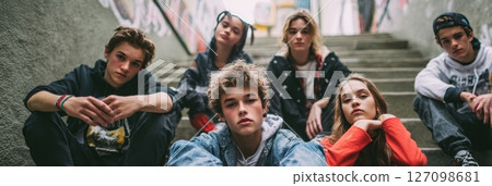 Group of diverse young individuals casually sitting on urban stairs, showcasing modern fashion styles, with vibrant graffiti art in the background, capturing youthful energy and friendship 127098681
