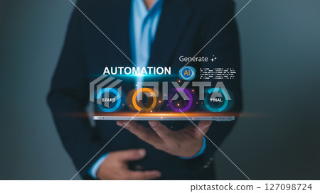 Person holding tablet showing an Automation and AI Generate workflow, Symbolizing digital transformation and process optimization. AI automation, Smart technology solutions for business. 127098724