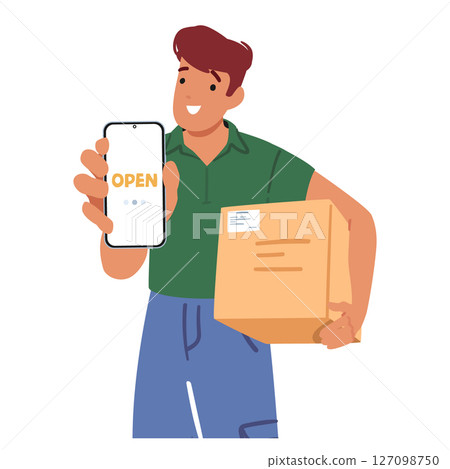 Man carrying cardboard parcel box showing smartphone white screen with open text cartoon scene 127098750