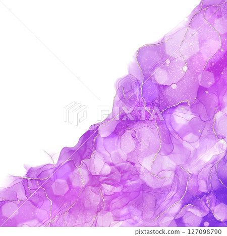 Hexagon bokeh light white background abstract banner.Purple alcohol ink art and gold glitter 127098790