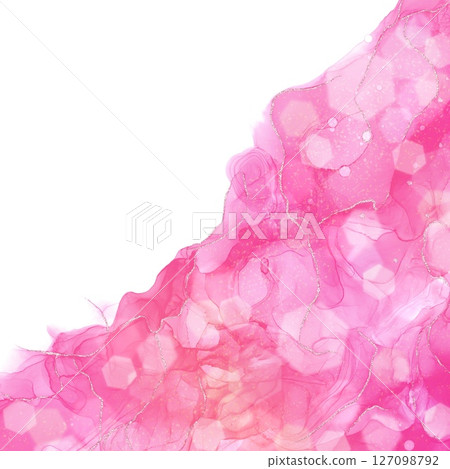 Hexagon bokeh light white background abstract banner.Pink alcohol ink art and gold glitter 127098792