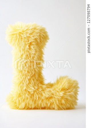 A vibrant and fluffy yellow letter L stands out against a white background, showcasing its soft texture and playful design 127098794