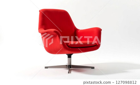 A striking red chair features a sleek minimalist design, adding a pop of color to a bright, airy space perfect for relaxation or creativity 127098812
