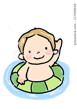 Daddy! Mommy! I'm here! / Child floating in the sea on a swim ring 127099036
