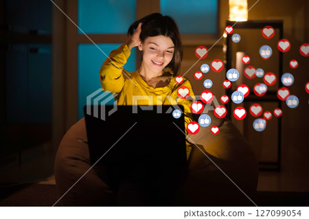 Girl received lots of hearts and likes in social networks. 127099054