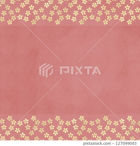 Square Japanese style floral template. Gold small cherry blossom patterns on the top and bottom of a pink washi-style background Square Japanese style floral template. Gold small cherry blossom patterns on the top and bottom of a pink washi-style background 127099083