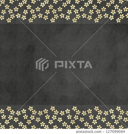 Square Japanese style floral template. Gold small cherry blossom patterns on the top and bottom of a black washi-style background Square Japanese style floral template. Gold small cherry blossom patterns on the top and bottom of a black washi-style background 127099084