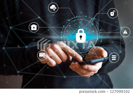Man holds a phone, drawn icons with padlock, business card added. 127099102
