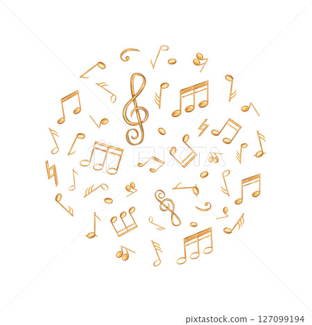 Golden yellow musical notes arranged in circular watercolor composition. Golden sound symbols illustration isolated background. Audio element for concert posters, and festive holiday decorations. 127099194