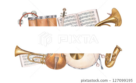 Watercolor musical frame with saxophone, French horn, drum and other instruments isolated background. Horizontal frame with copy space for text. For summer festival poster, concert program Watercolor musical frame with saxophone, French horn, drum and other instruments isolated background. Horizontal frame with copy space for text. For summer festival poster, concert program 127099195