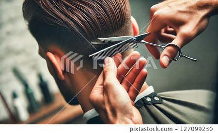 Hairdresser carefully crafting a precise haircut, viewed from behind, using scissors and a comb. The shallow depth of field (f1.2) emphasizes the sharpness of the haircut against a softly blurred 127099230